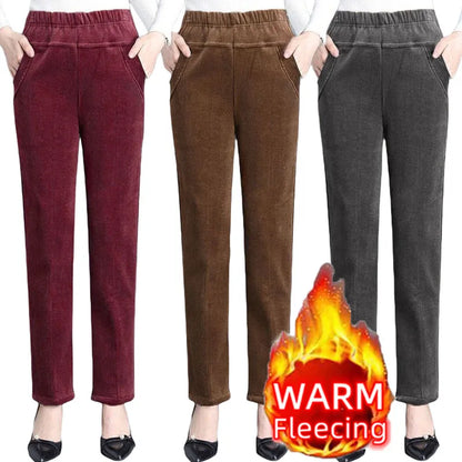 Autumn Winter Plush Thick Thin Elegant Women's Pants High Waist Fleece Pencil Pants Women Corduroy Leggings Office Lady Trousers