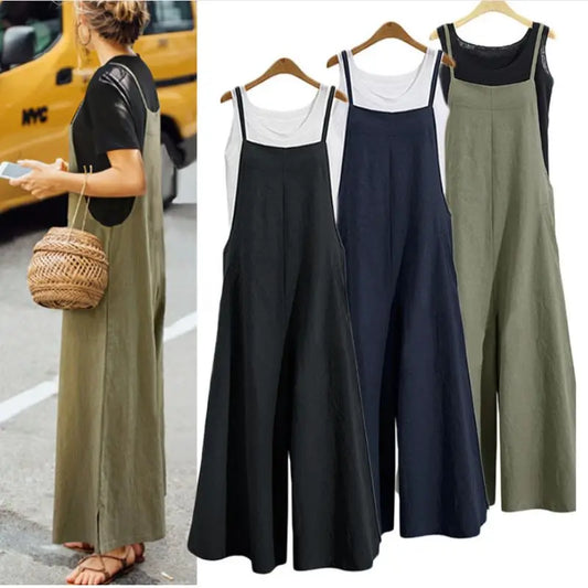 Women's Summer Sleeveless Jumpsuit Solid Color Wide Leg Bib Overalls Casual Loose Cotton Linen Straps Dungaree Badiee Stylez