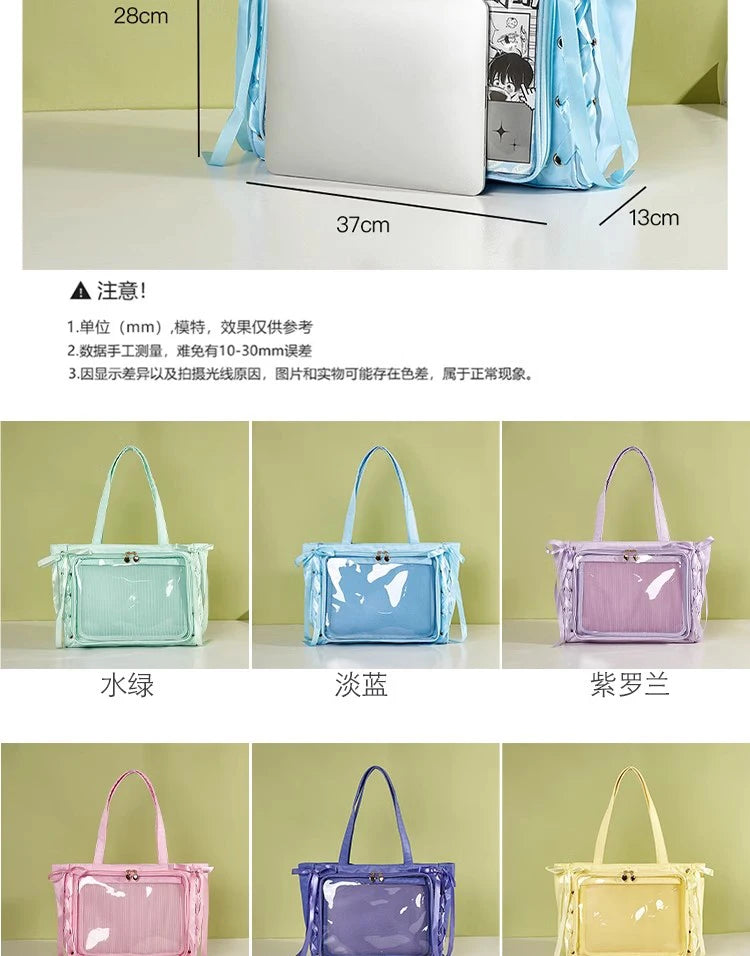 Japanese Large Capacity Satin Ribbon Ita Bag Sweet Girl Anime Transparent Tote Bag Lolita Shoulder Bags Clear Pvc Handbags