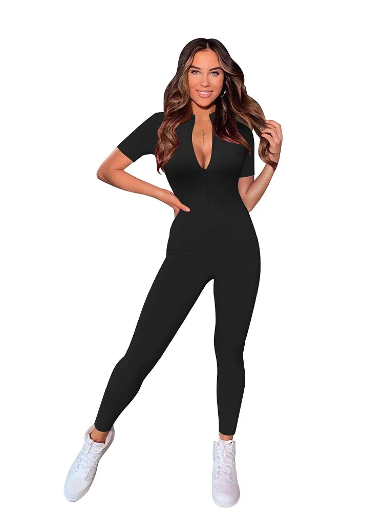 New Autumn and Winter Short Sleeve V Neck Bodycon Jumpsuit Full Lengt Rompers Women Jumpsuits Badiee Stylez