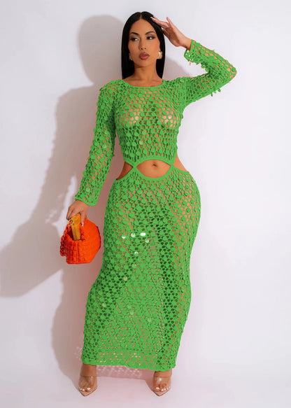 Joskaa Fishnet Knitting Hollow Sequins Maxi Dress Sexy See Through Holiday Long Sleeve Slim Summer 2023 Vacation Beach Dresses
