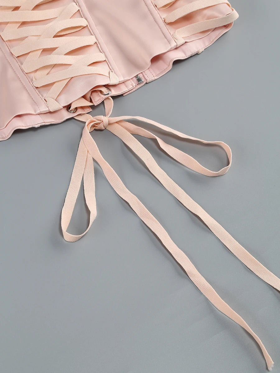 Pink Prom Dress Strapless Pink Structured Top With Floral Embellished Mini Skirt Bodycon Celebrity Party Cocktail 2 Pieces Set