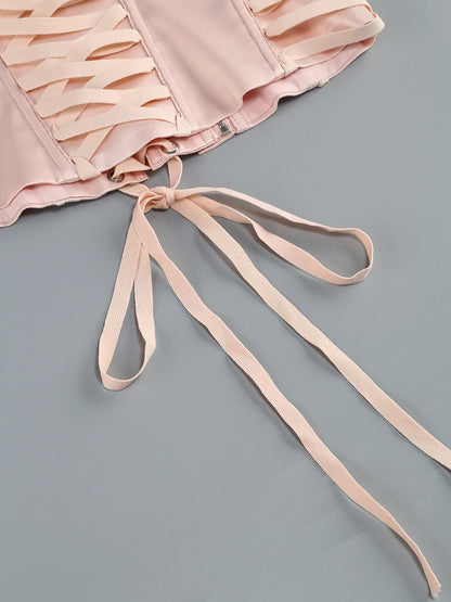 Pink Prom Dress Strapless Pink Structured Top With Floral Embellished Mini Skirt Bodycon Celebrity Party Cocktail 2 Pieces Set