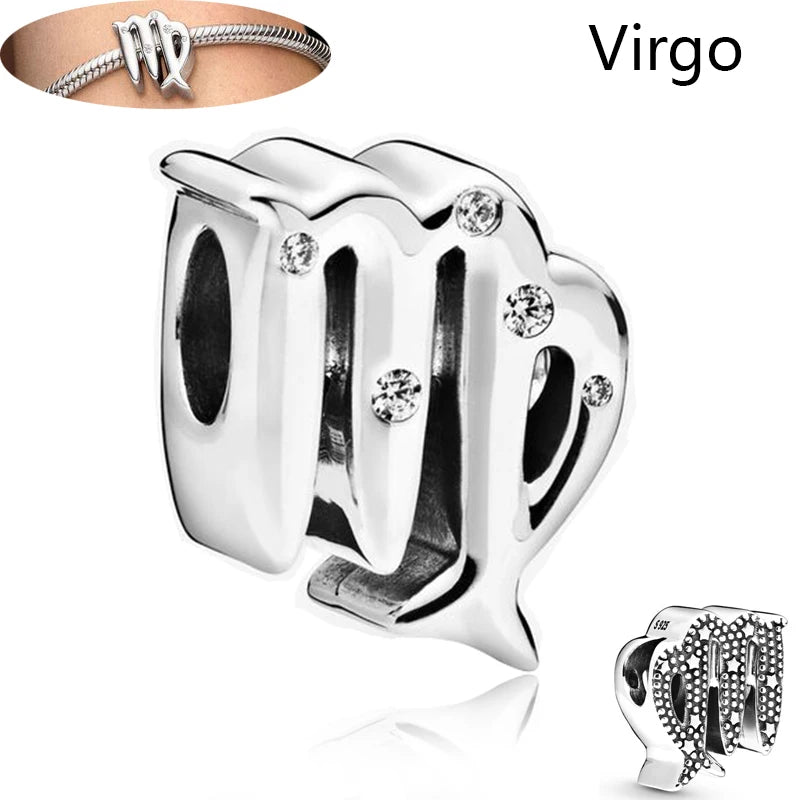 Authentic 925 Sterling Silver Sparkling Aries Leo Scorpio 12 Zodiac Signs Constellation Charm Beads Fit Pantaro Bracelet Jewelry H151