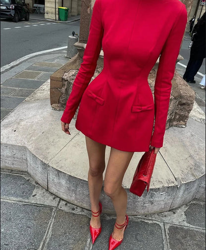 Mozision Double Bow Long Sleeve Sexy Mini Dress For Women Autumn Winter New Solid High Waist Bodycon Club Party Dress Elegant