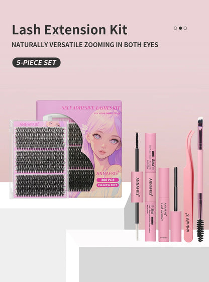 ANNAFRIS 300Pcs DIY Cluster Lash Extension Kit Color individual Lashes Kit with Lash Bond&Seal Remover Tweezers