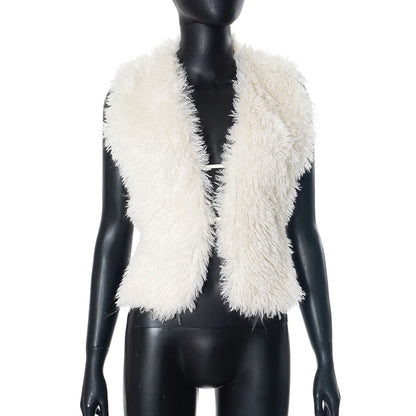 BKLD Sexy Temperament Fluffy Tops For Women High Street Y2K Nightclub Outfits Faux Fur Backless Lacing Solid 2025 Vest Waistcoat WHITE