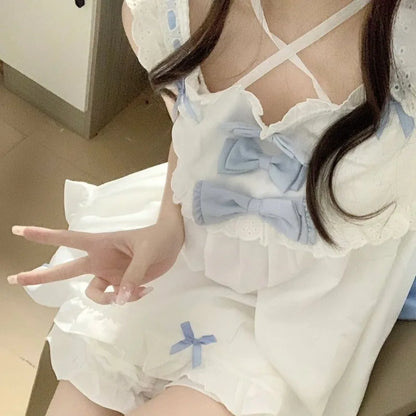 Japanese Soft Girl Strappy Bow Sling Top Shorts Two Piece Set Cotton Pajamas Women's Lolita Sleepwear 2025 New Summer