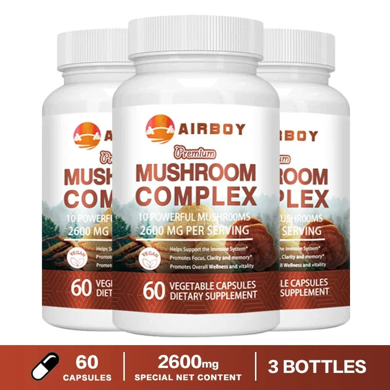 Mushroom Complex Capsules - with Lions Mane, Chaga, Reishi Nootropic Brain Supplement for Memory and Focus, Enhance Energy 60 Capsule-3bottles