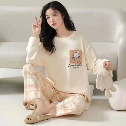 Women's Pajamas Two-Piece Casual Cute Comfortable Sleepwear Homewear Set Tops and Trousers Nightwear Lounge Wear Autumn Winter 9039BearTuzi