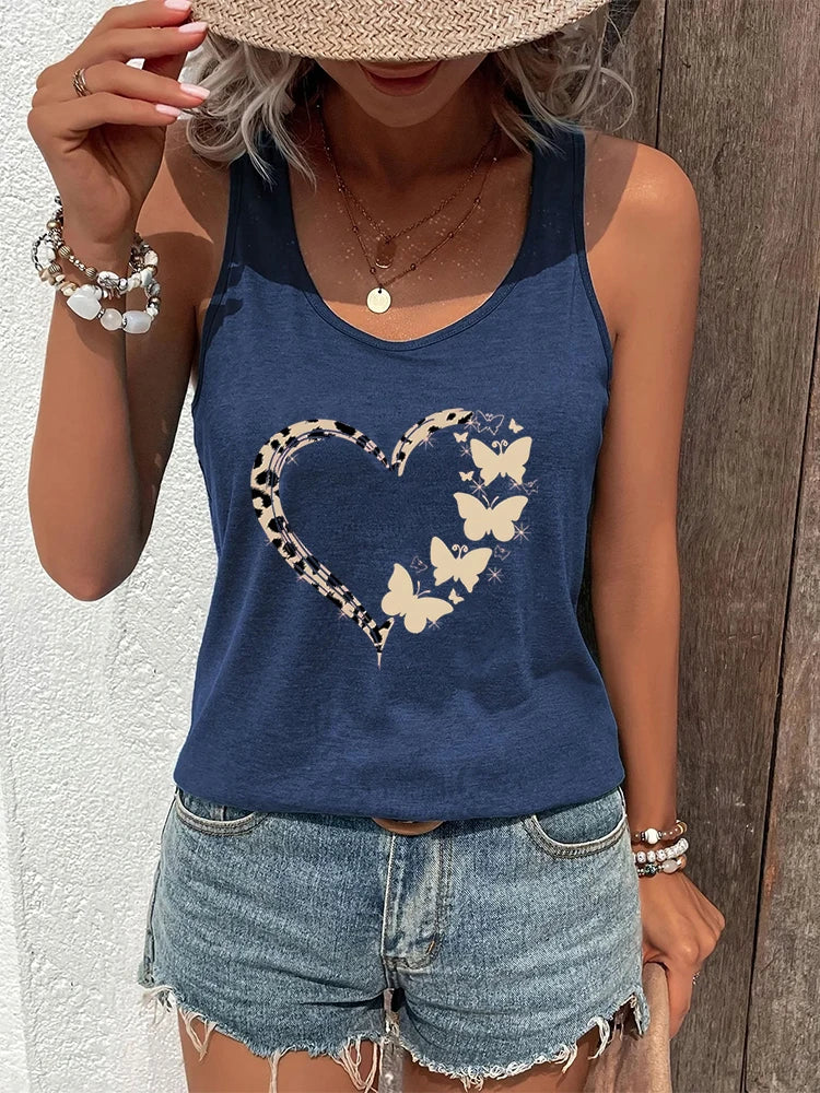 Woman Racerback Tank Top Leopard Butterfly Print Sexy Tops Butterfly Lover Gift Summer Outfit Heart Leopard Print Summer Tanks