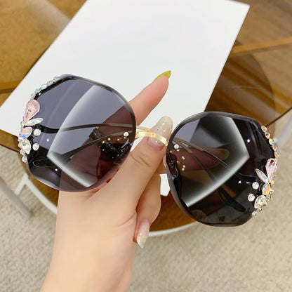 Women's New Diamond-encrusted Sunglasses Rimless Cut Edge Sunglasses Big Face Slimming Sunglasses Black