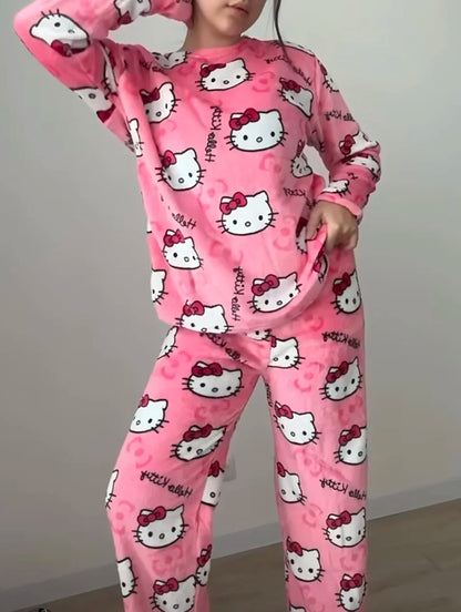 Winter Hello Kitty Pajamas Set Flannel Pants Kawaii Cartoon Pajama Suit Warm Thickened Woman Pants Plush Homewear Cute Sleepwear