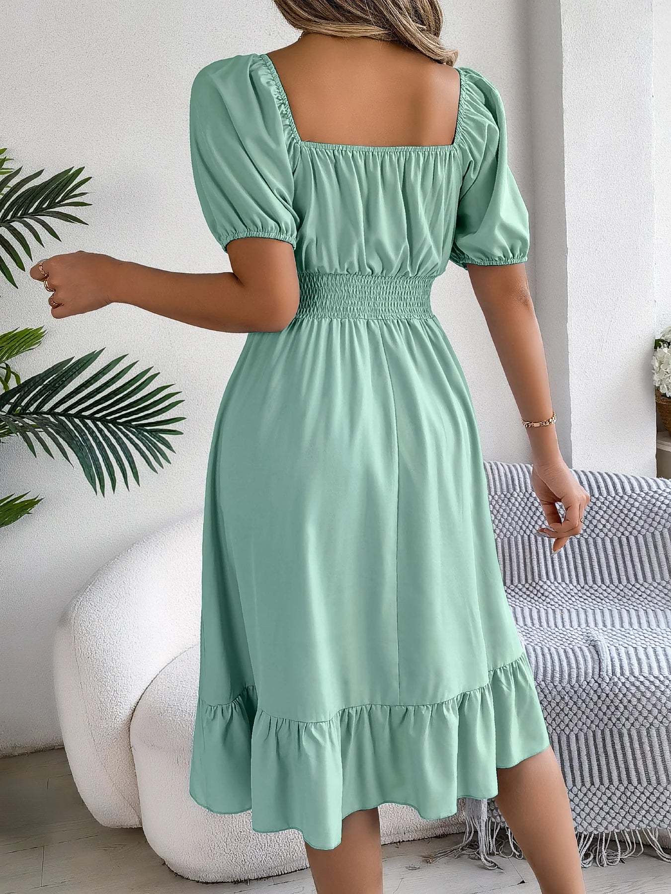 Spring and Summer Elegant High Waisted Dress Square Neck Short Sleeved Ruffled Edge Long Dresses for Women Badiee Stylez