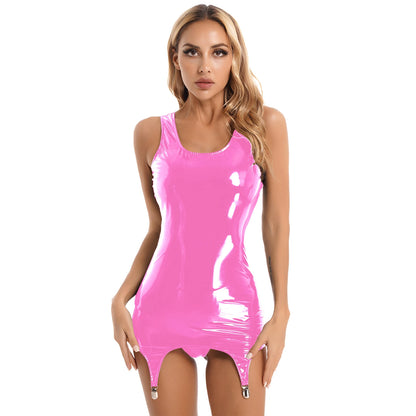 Sexy Women Wetlook Leather Tank Bodycon Dress Latex Sleeveless Mini Dresses Clubwear with Metal Clips Party Club Clothes Femme Hot Pink