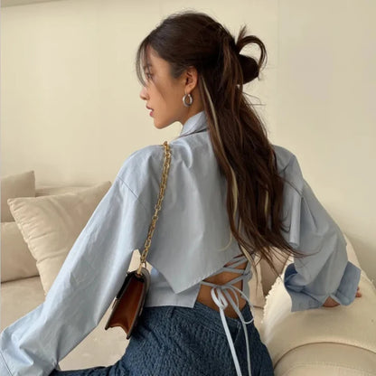Gidyq Korean Bandage Shirt Women Fashion Backless Sexy Blouse Office Ladies Casual Slim Chic Turn Down Collar Long Sleeve Tops Blue