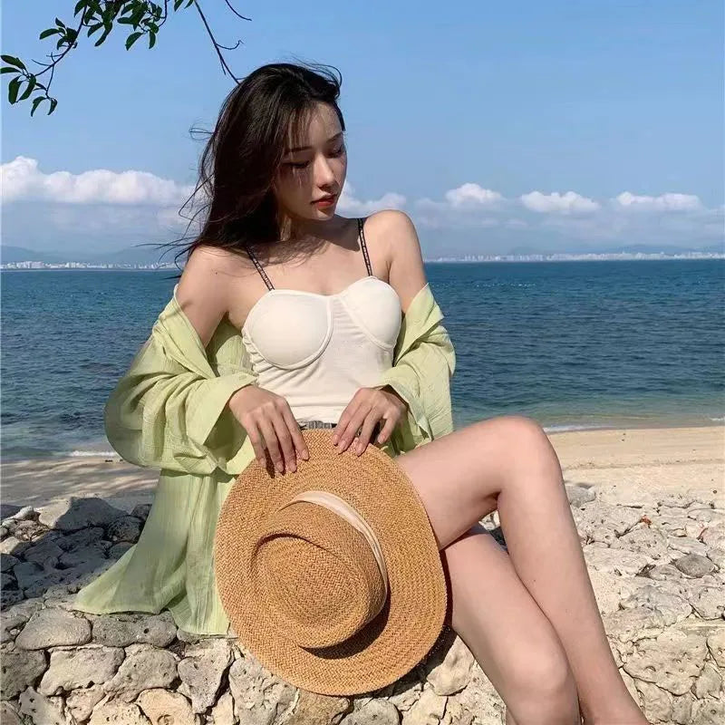 Thin Long Sleeve Sunscreen Shirt Woman Korean Fashion Back Split Lace Up White Shirts Women Casual Loose Holiday Beach Blouse
