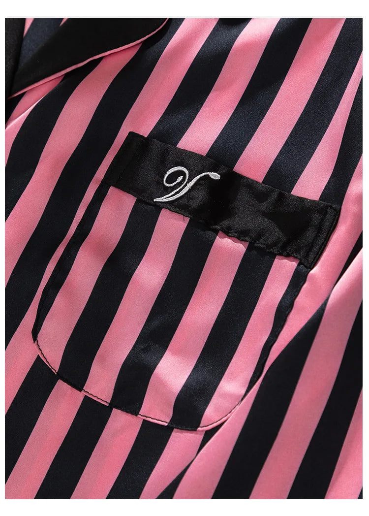 Women Long Sleeve Pajamas 2PCS Set Spring Summer New Sleepwear Loungewear Fashion Stripes Pyjama Pour Femme Loose Satin Homewear