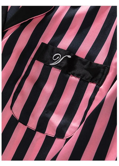 Women Long Sleeve Pajamas 2PCS Set Spring Summer New Sleepwear Loungewear Fashion Stripes Pyjama Pour Femme Loose Satin Homewear