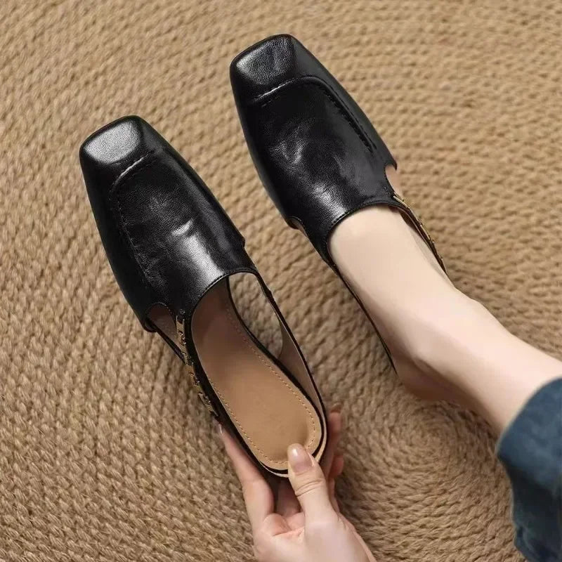2025 New Retro Style Baotou Women's Sandals Half Slippers Square Toe Inside Heightening