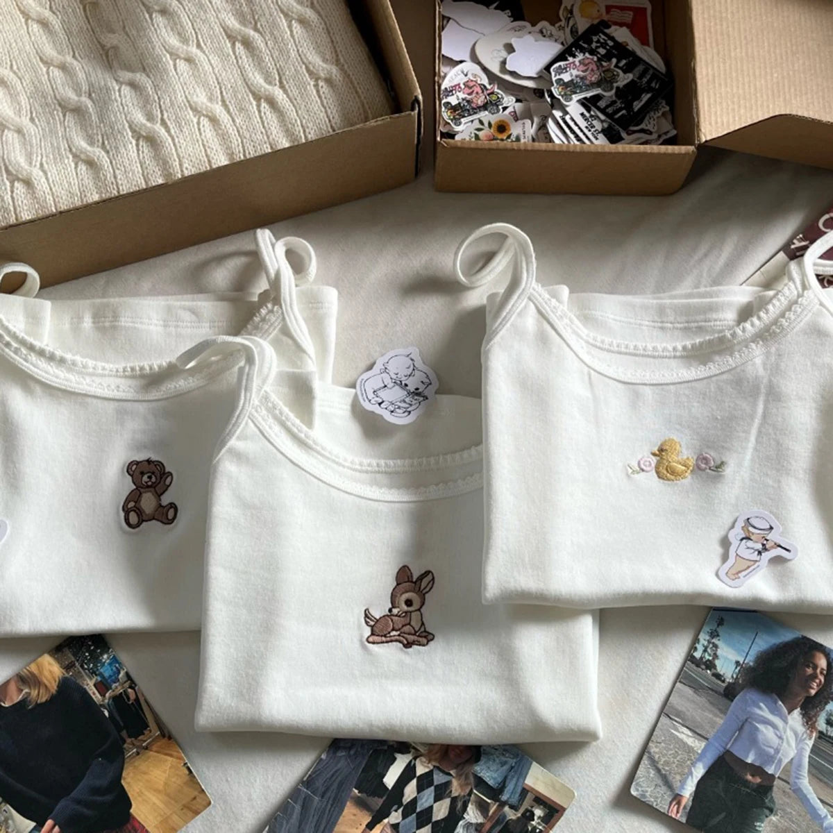 Cute Animal Embroidery Tank Tops Women Summer Lace Trim Cotton Sleeveless Camisole Vests Solid Vintage Sweet Slim Crop Top Y2k