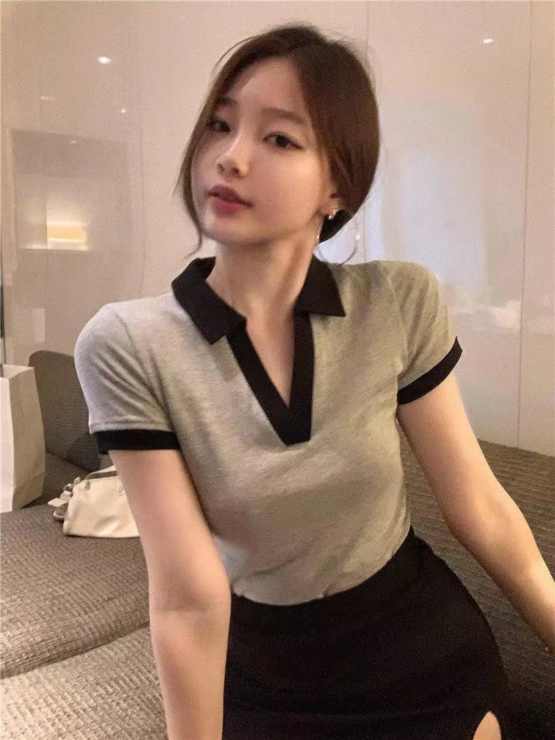 Summer Fashion Y2K T-shirt Woman Patchwork Polo Tee Shirt Femme Sexy OL Clothes Women Short Sleeve V-neck Tshirts Tops