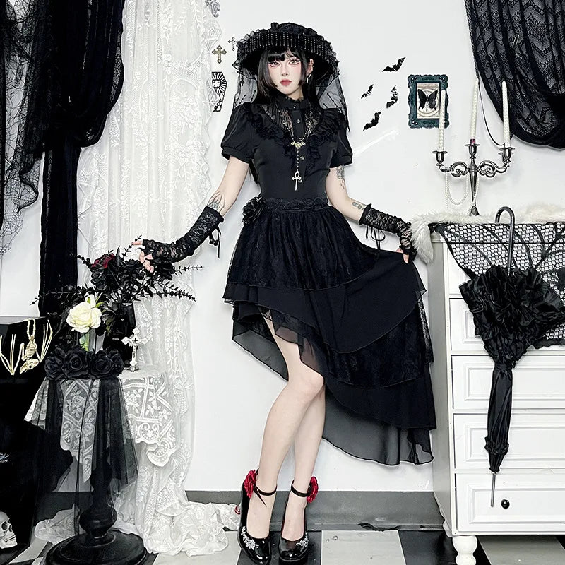 Harajuku American Fashion Gothic Black Irregular Layer Spliced Layered Skirt Women's Summer Fashion Street Y2K Long Skirt