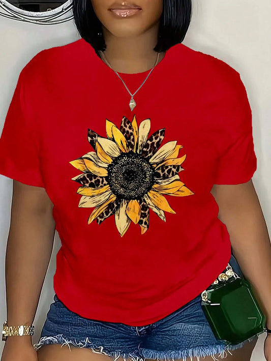 Plus Size Leopard Sunflower Graphic Tee Fashion Forward Plus Size Top With Unique Floral Leopard Print For Chic Summer Vibes Red