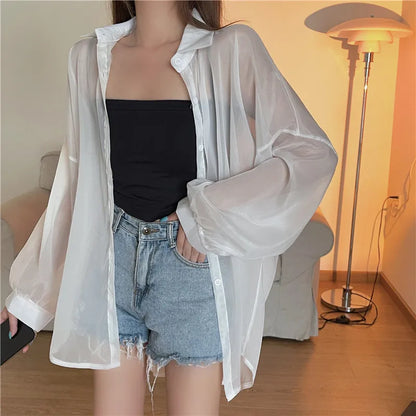 Semi Sheer Long Sleeve Shirt for Women Shimmer Button Down Collared Plain Lightweight Shirt Spring Summer Chic Tops Outfit