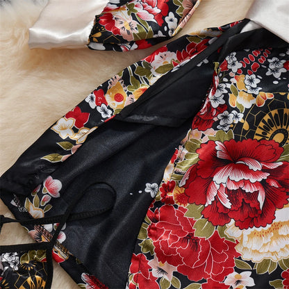 Japanese Sexy Print Kimono Slim Fit V-Neck Nightgown Loose Petal Sleeves Women's Erotic Lingerie Mini Irregular Patchwork Dress