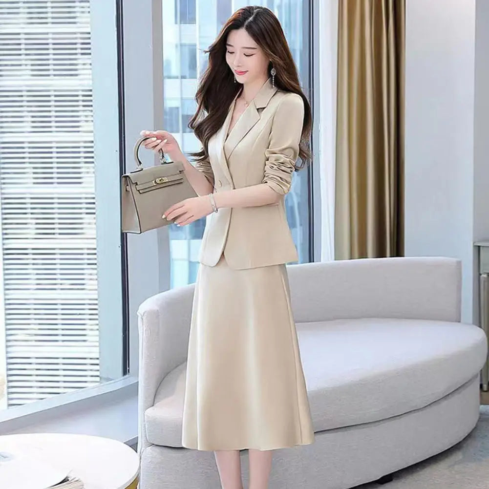 2Pcs/Set Summer Women Suit Dress Outfit Solid Color Mid-length Lady Dress Sets Light Luxury Commute Sling Dress Coat Set