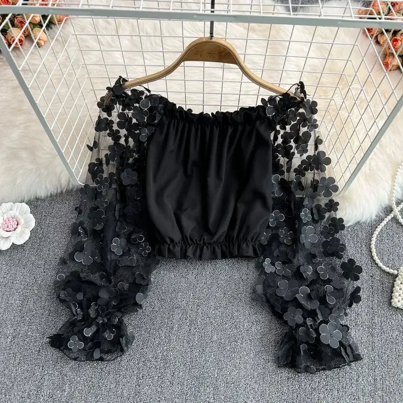 Off Shoulder Sexy Lace Blouses Women 2025 Spring Summer Korean Fashion Long Sleeve Tops Slim Flower Transparent Chiffon Shirts black