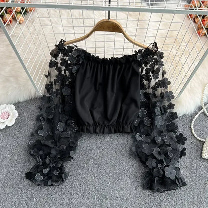 Off Shoulder Sexy Lace Blouses Women 2025 Spring Summer Korean Fashion Long Sleeve Tops Slim Flower Transparent Chiffon Shirts black