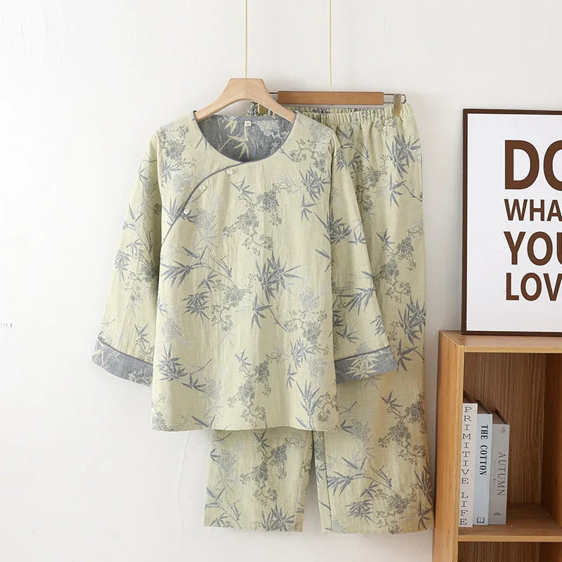 Chinese Style Women's Pajamas, Pure Cotton, Retro Color, Woven Jacquard, Home Clothing, Long Sleeves Trousers, Diagonal Collar yellow leaves
