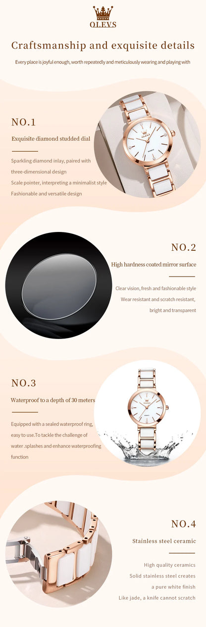 OLEVS 5877 Japan Quartz Movement Woman Watch Simple Elegant Luxury Rose Gold Ceramics Strap Waterproof Ladies Dress Wristwatch