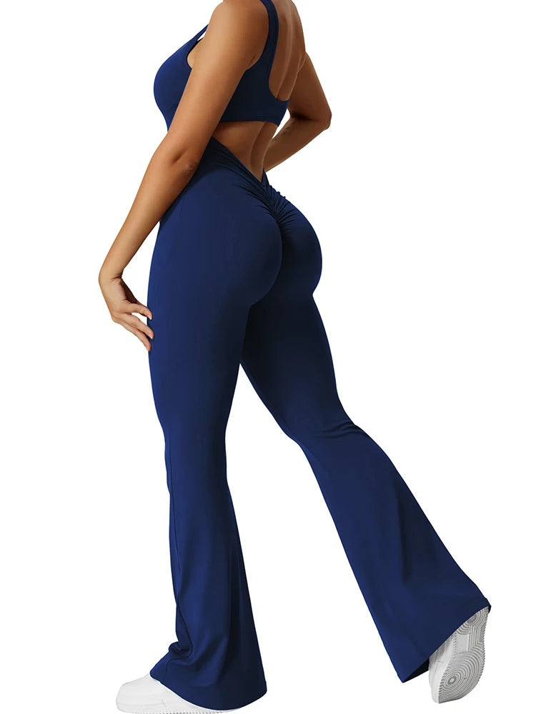 2025 Summer New Women's Sexy Hottie Style Backless One-piece Suit Sports Fitness Yoga Pullover One-piece Suit Flared Pants Navy