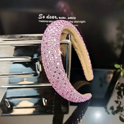 Colorful Baroque Head Hoop Luxury Women Full Crystal Rhinestones Sponge Padded Headband for Lady Girls Diamond Wide Headband Pink