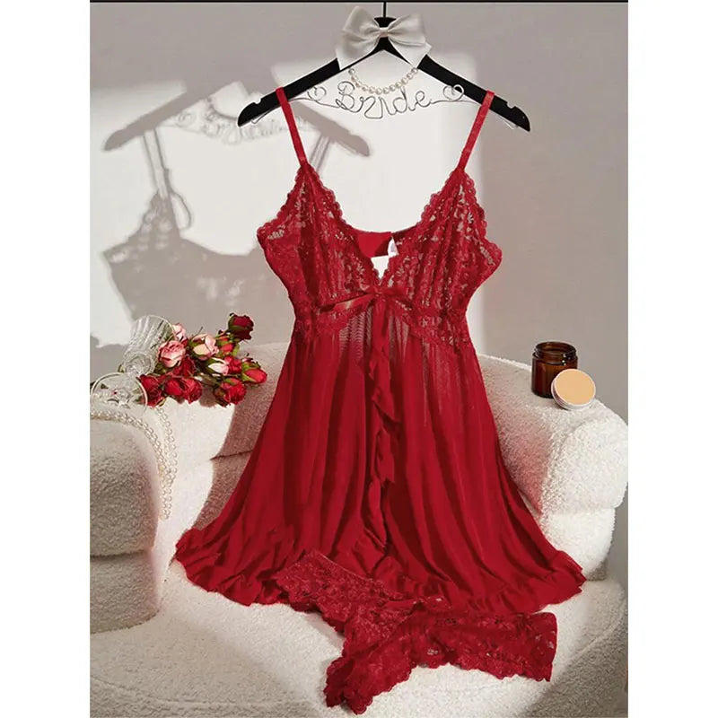 Soft Sheer Nighty Pajamas Hotselling Nightgowns Dark Green Halter Dress Women Sleepwear Sexy Bra Plus Size Nightdress Thong Sets Badiee Stylez