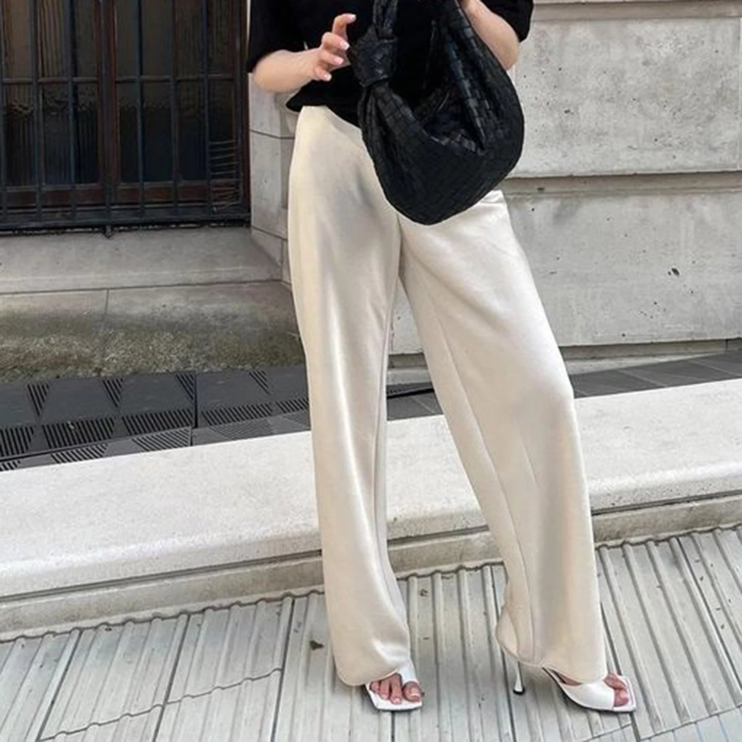 Solid Color Satin Wide Leg Dress Pants Women's Stylish Elastic Waist Loose Fit Long Trousers Streetwear Badiee Stylez