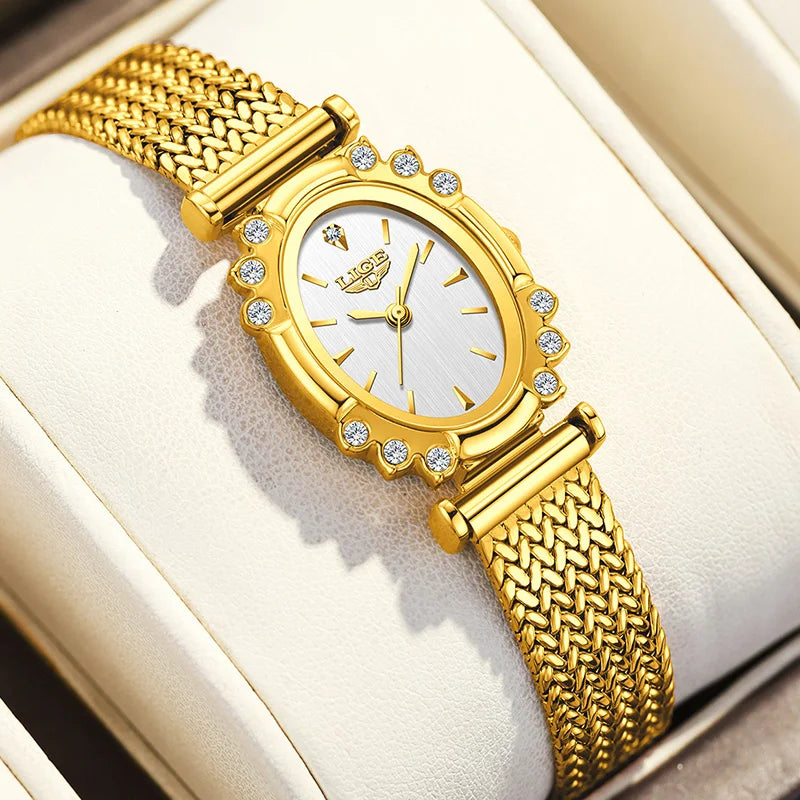 LIGE 2025 New Gold Square Watch For Women Simple Fashion Waterproof Quartz Ladies Watches Ultra-Thin Mesh Women's Bracelet Watch