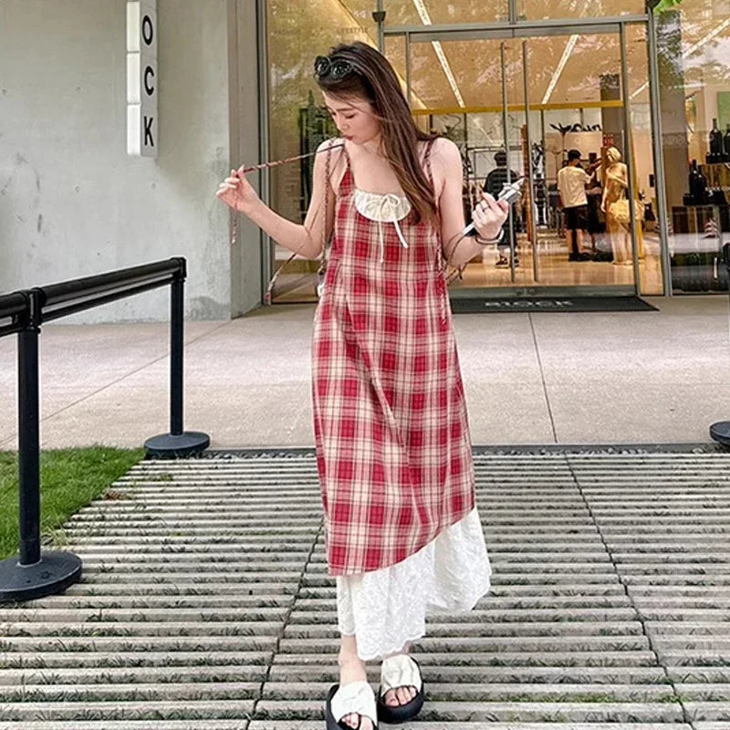 Women Plaid Fake Two Piece Suspender Dress Women Summer Retro Loose Long Lace Patchwork Plaid Sleeveless Dress for Women 2025