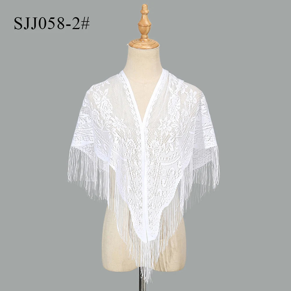 2024 White/Black Catholic Woman Spanish Style Lace Tassel Church Veil Head Covering Long Veil Floral Scarves Wedding Accessories Badiee Stylez