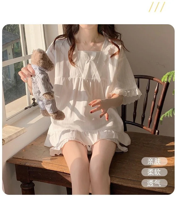 Palace Style Pajamas Ladies Summer Loungewear Set Short-Sleeved with Cushion Korean Small Sweet Girlfriends Loungewear Set
