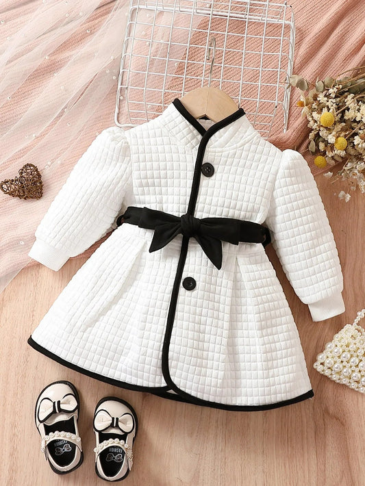 Baby Girls Fashion Autumn And Winter Thermal Belted Dress Set Princess Coat Classic Black And White Color Contrast Cardigan Badiee Stylez