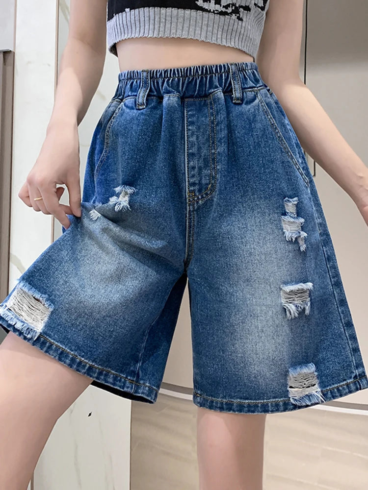 Plus Size Denim Shorts For Women 2024 Summer Wide Leg Loose Blue Jeans Shorts High Elastic Waist Half Length Casual Denim Shorts