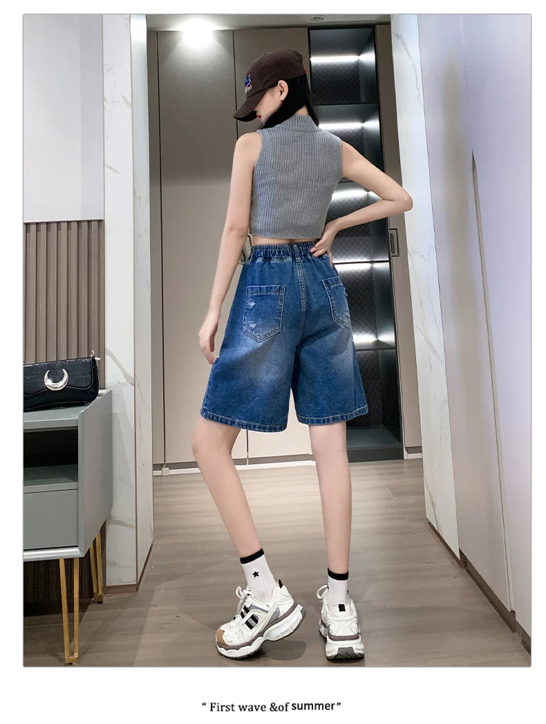 Plus Size Denim Shorts For Women 2024 Summer Wide Leg Loose Blue Jeans Shorts High Elastic Waist Half Length Casual Denim Shorts