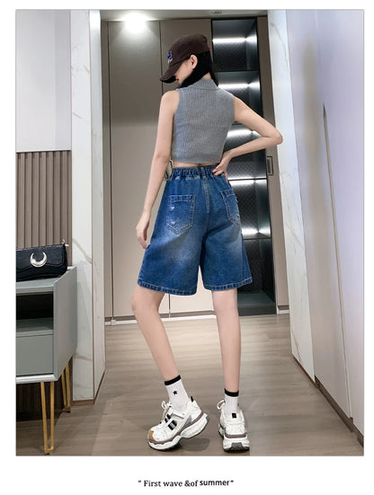 Plus Size Denim Shorts For Women 2024 Summer Wide Leg Loose Blue Jeans Shorts High Elastic Waist Half Length Casual Denim Shorts