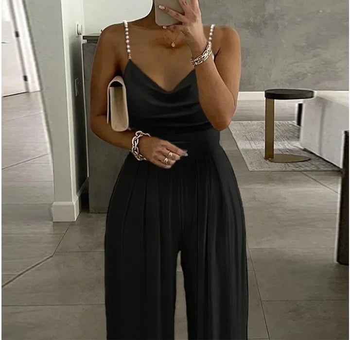 Sleeveless Jump Suits for Women Streetwear 2023 Autumn Pearl Suspender Wide Leg V-neck Backless Long Pants Jumpsuits of Female Badiee Stylez
