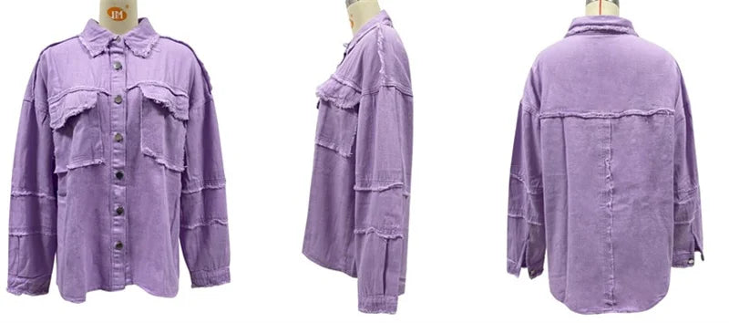 2025 Spring Autumn Shirt Style Denim Jacket Women Holes Raw-edges Jeancoat Casual Tops Female Oversize Loose Outerwear 7 Colors