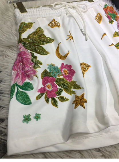 Oversized rhinestone diamond high-waisted black adjustable waist wide leg slacks Women's shorts